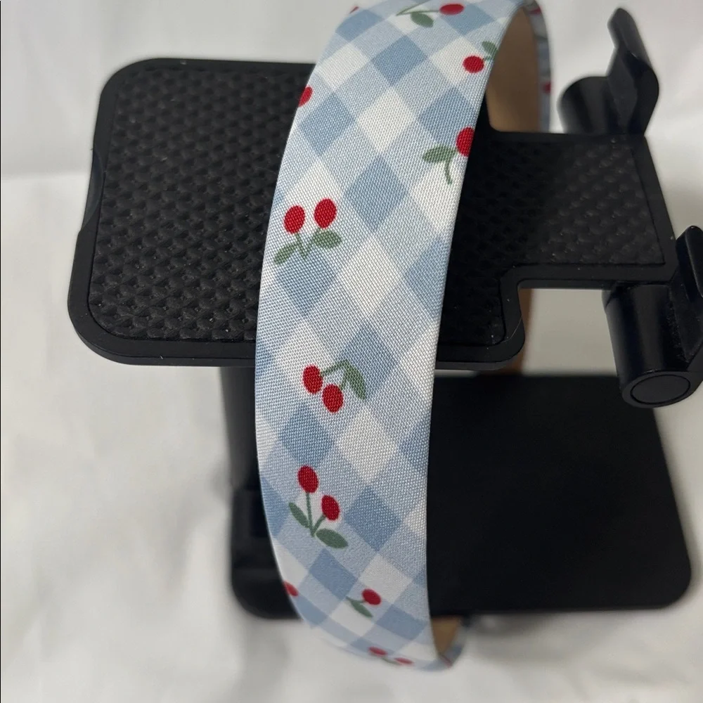 Blue Checkered Headband with Cherries